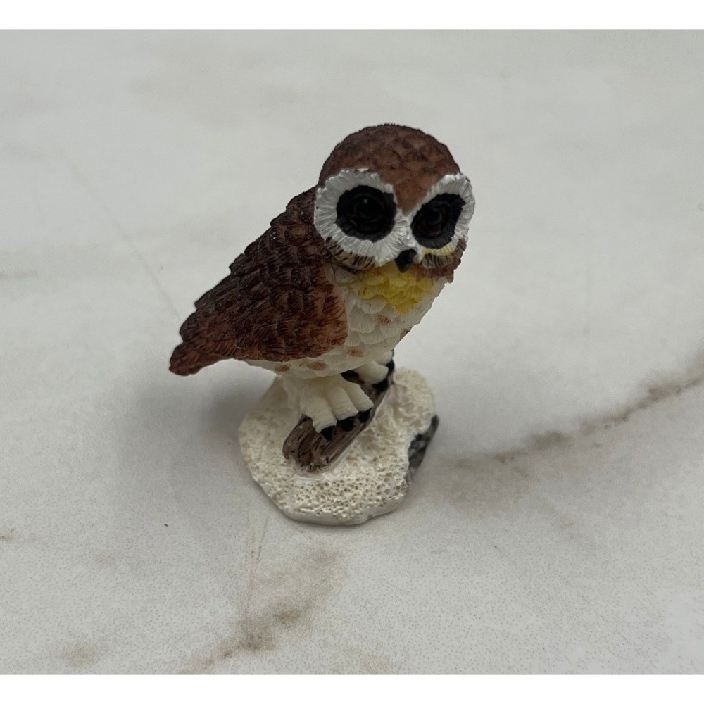 Miniature Owl Figurine Brown White Hand Painted Woodland Bird Decor 2 Inch